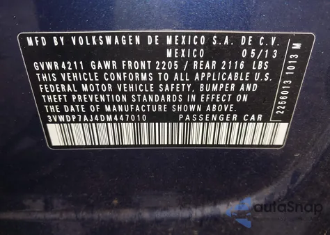 2013 Volkswagen Jetta 2.5L Se from USA, damaged, VIN 3VWDP7AJ4DM447010